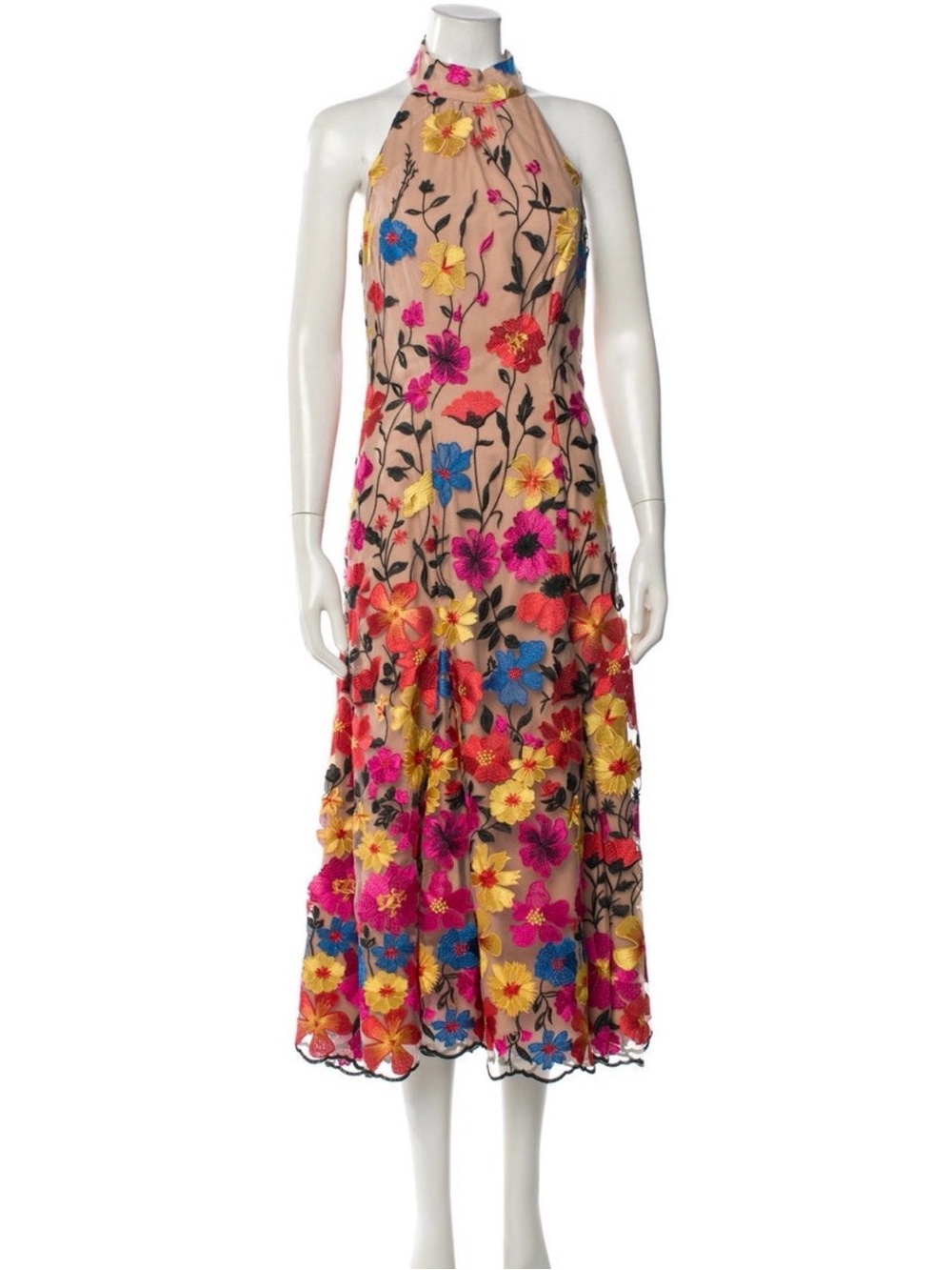 Milly Size 6 - Floral Embroidered Halter Midi Dress - Pink Multicolor - Picture 1 of 11
